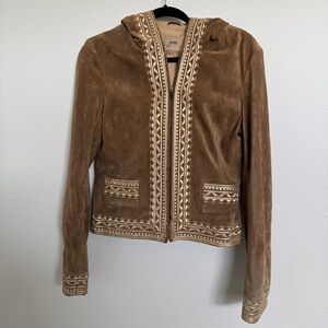 June boho embroidered vintage full zip leather jacket